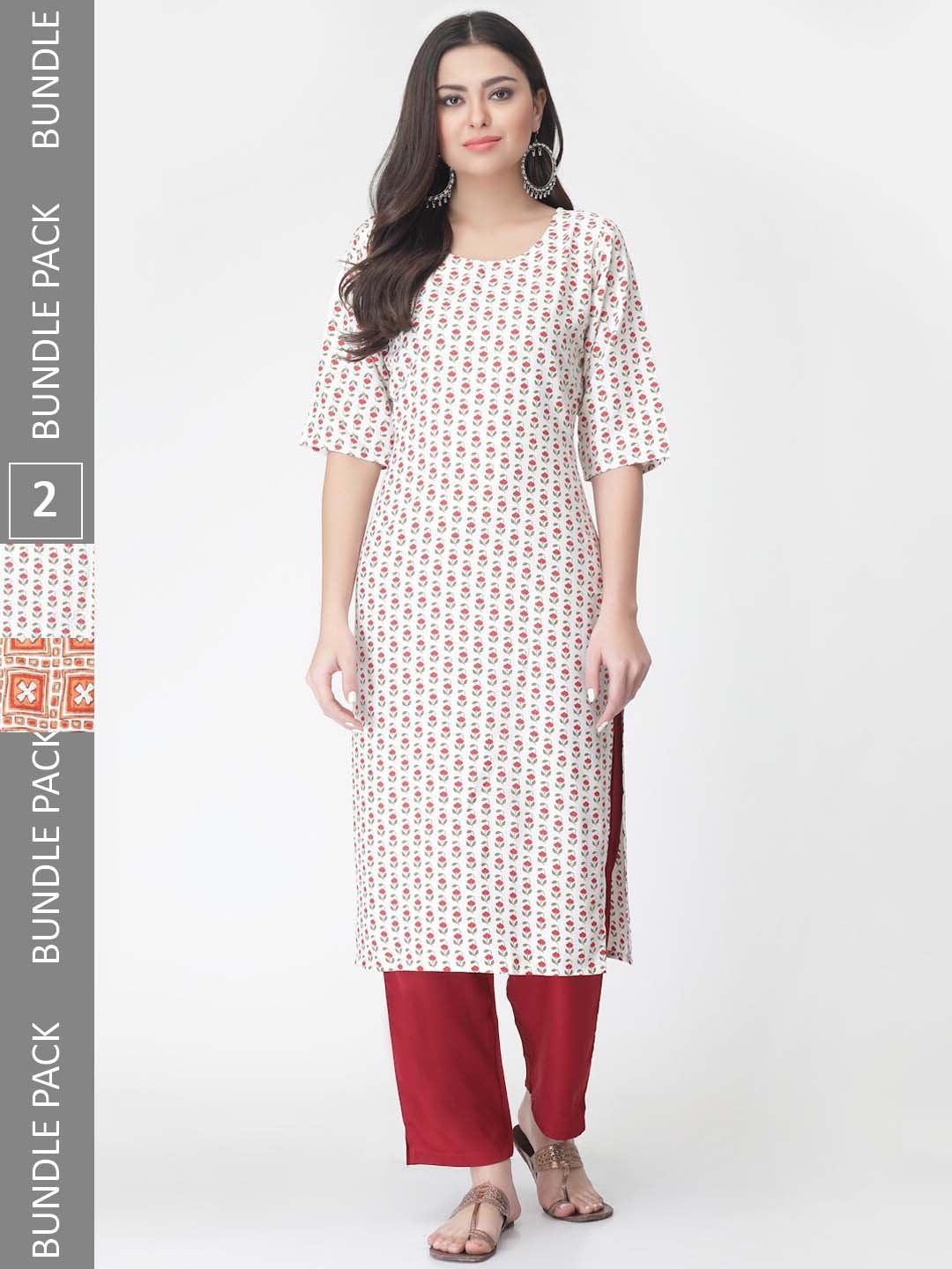 

7Threads Pack Of 2 Printed Straight Kurta with Trousers, White