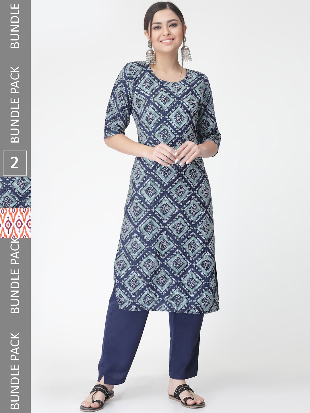 

7Threads Pack Of 2 Ethnic Motif Printed Kurta With Trousers, Navy blue
