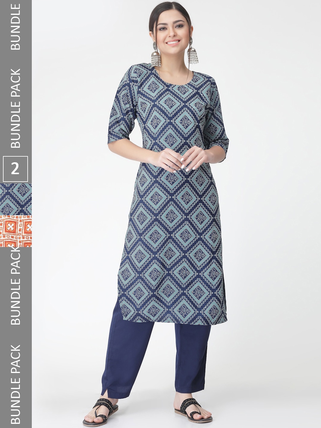 

7Threads A Selection of 2 Printed Regular Straight Kurta With Trousers, Blue