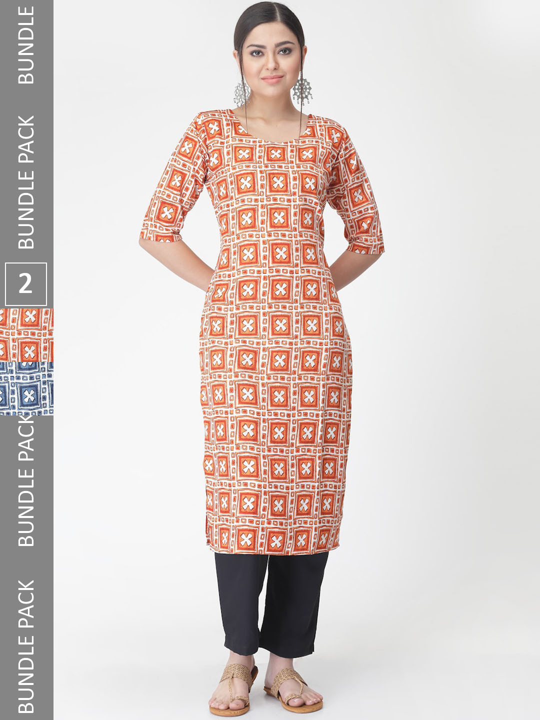 

7Threads Pack Of 2 Printed Straight Kurta with Trousers, Orange