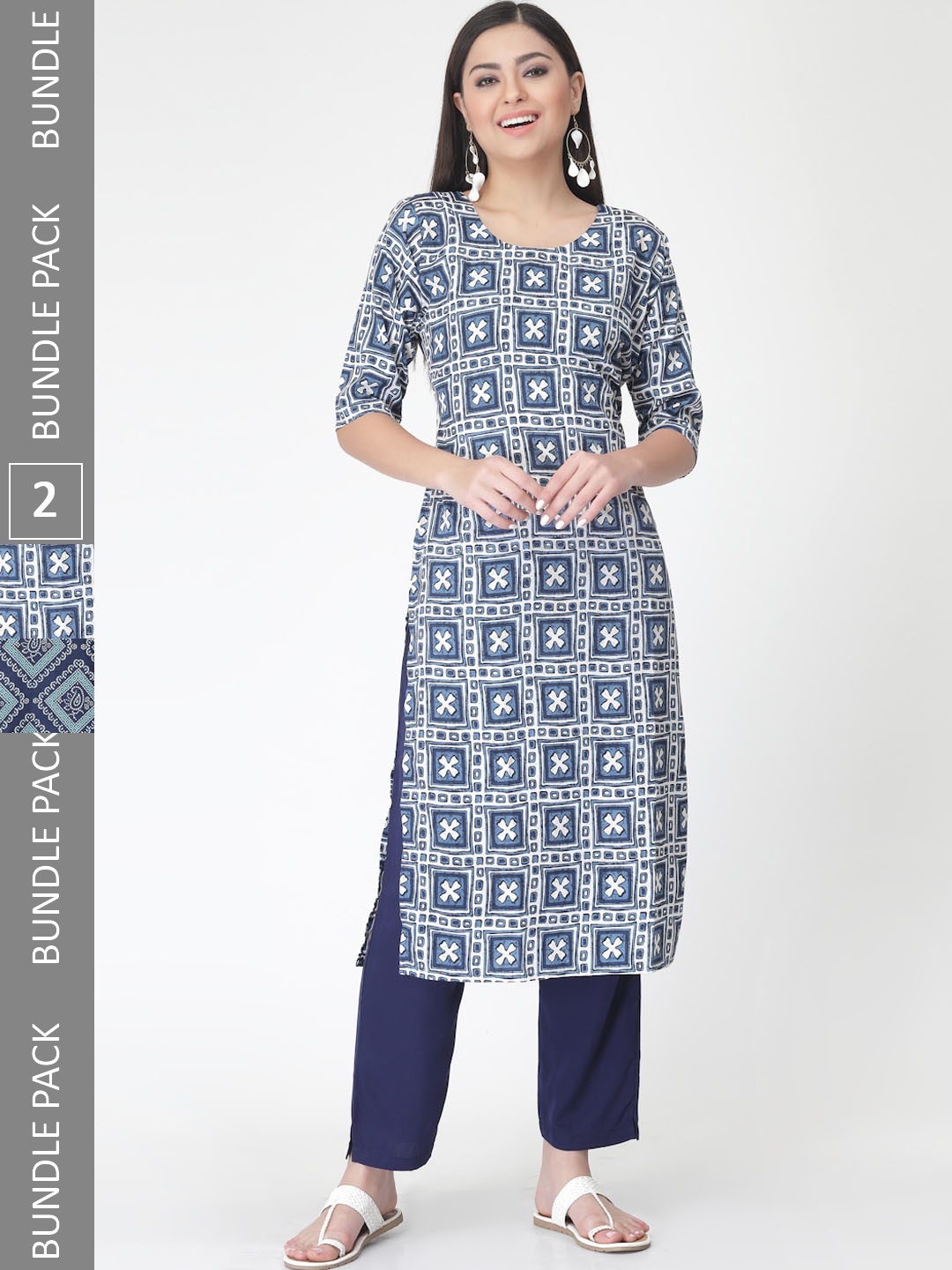 

7Threads A Selection of 2 Printed Regular Straight Kurta With Trousers, Navy blue