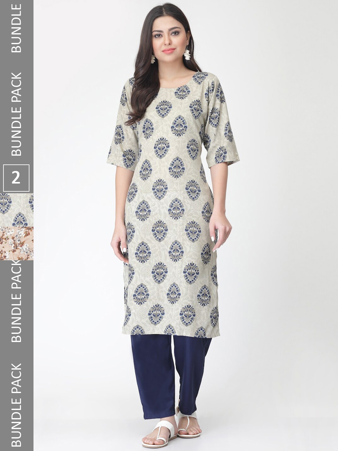 

7Threads A Selection of 2 Printed Regular Straight Kurta With Trousers, Grey