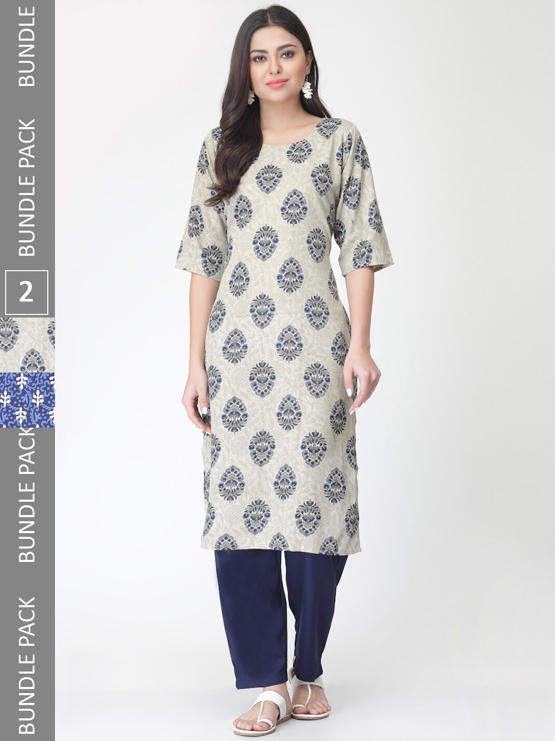 

7Threads Pack Of 2 Ethnic Motif Printed Kurta With Trousers, Beige