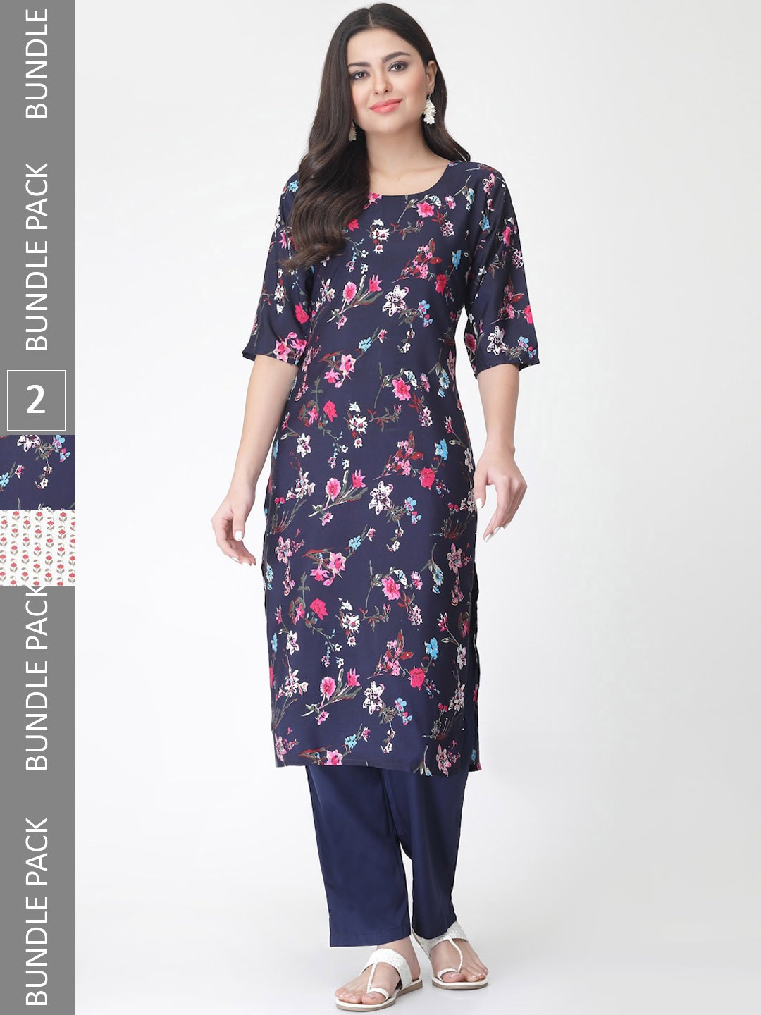 

7Threads A Selection of 2 Printed Regular Straight Kurta With Trousers, Navy blue