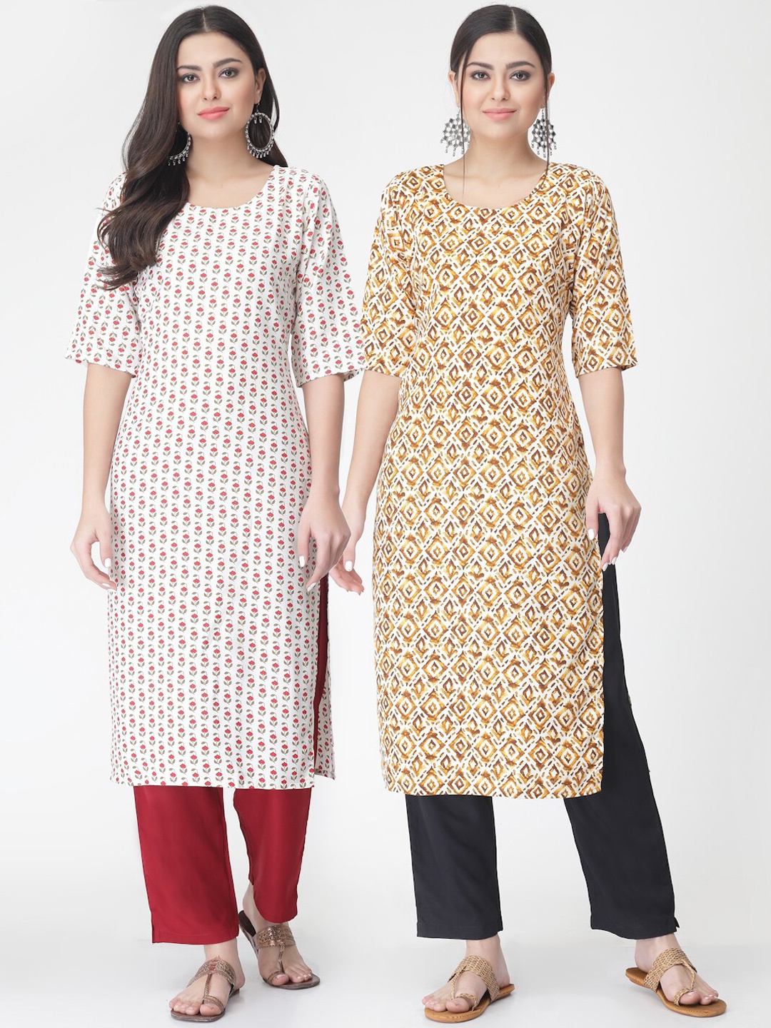 

7Threads Pack of 2 Ethnic Motifs Printed Regular Kurta with Trousers, White