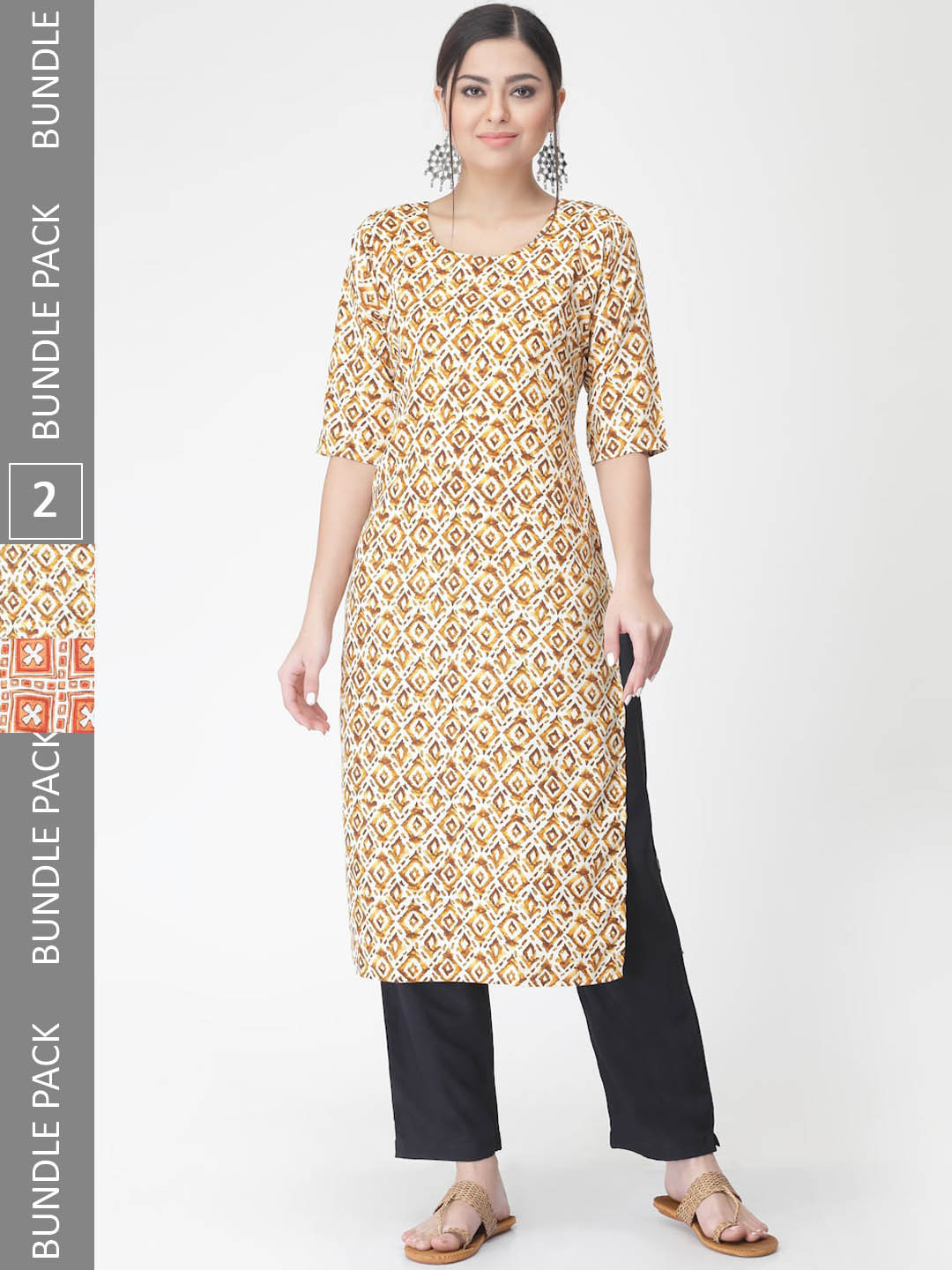 

7Threads Pack Of 2 Printed Straight Kurta with Trousers, Mustard