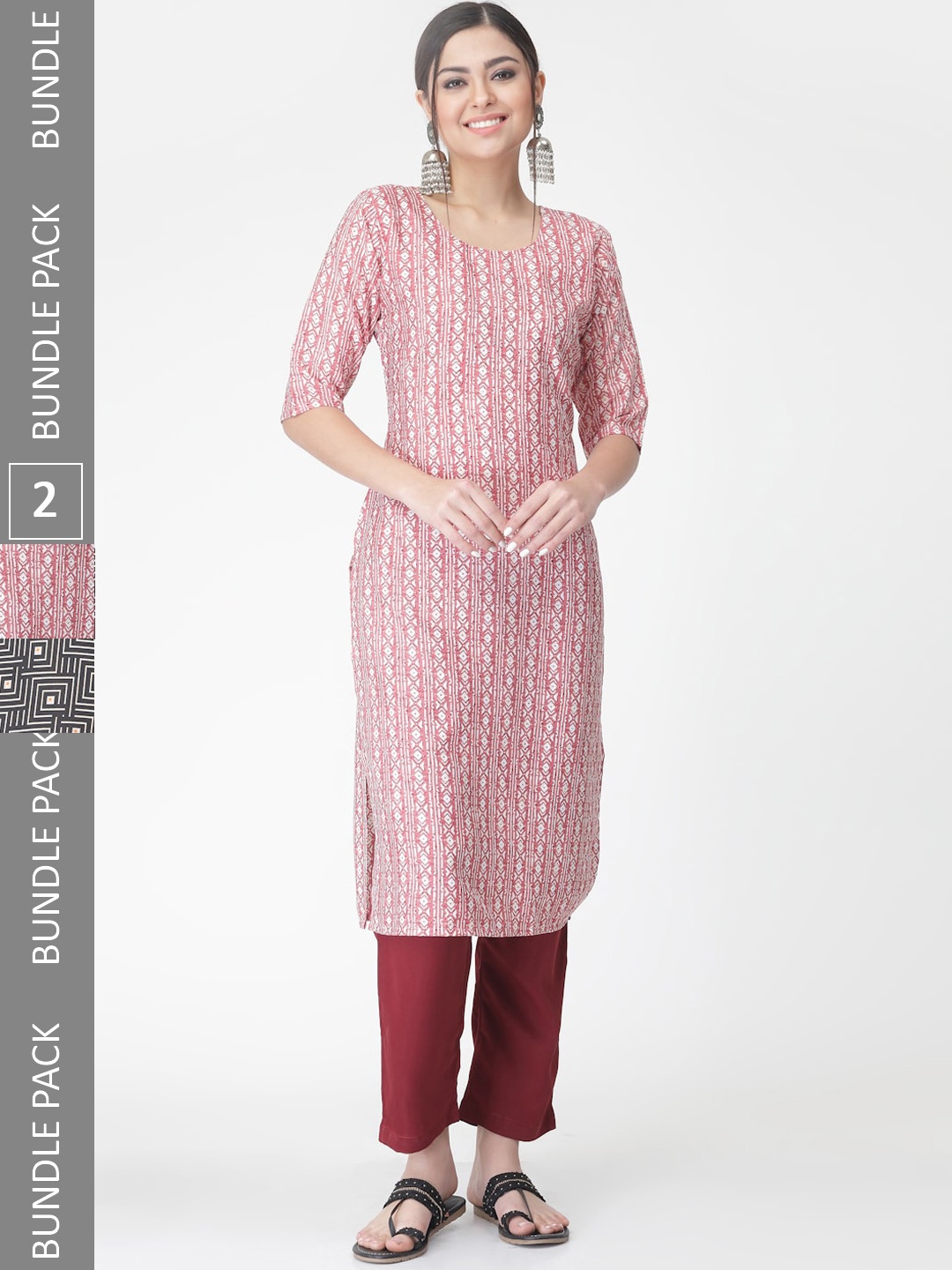 

7Threads A Selection of 2 Printed Regular Straight Kurta With Trousers, Pink
