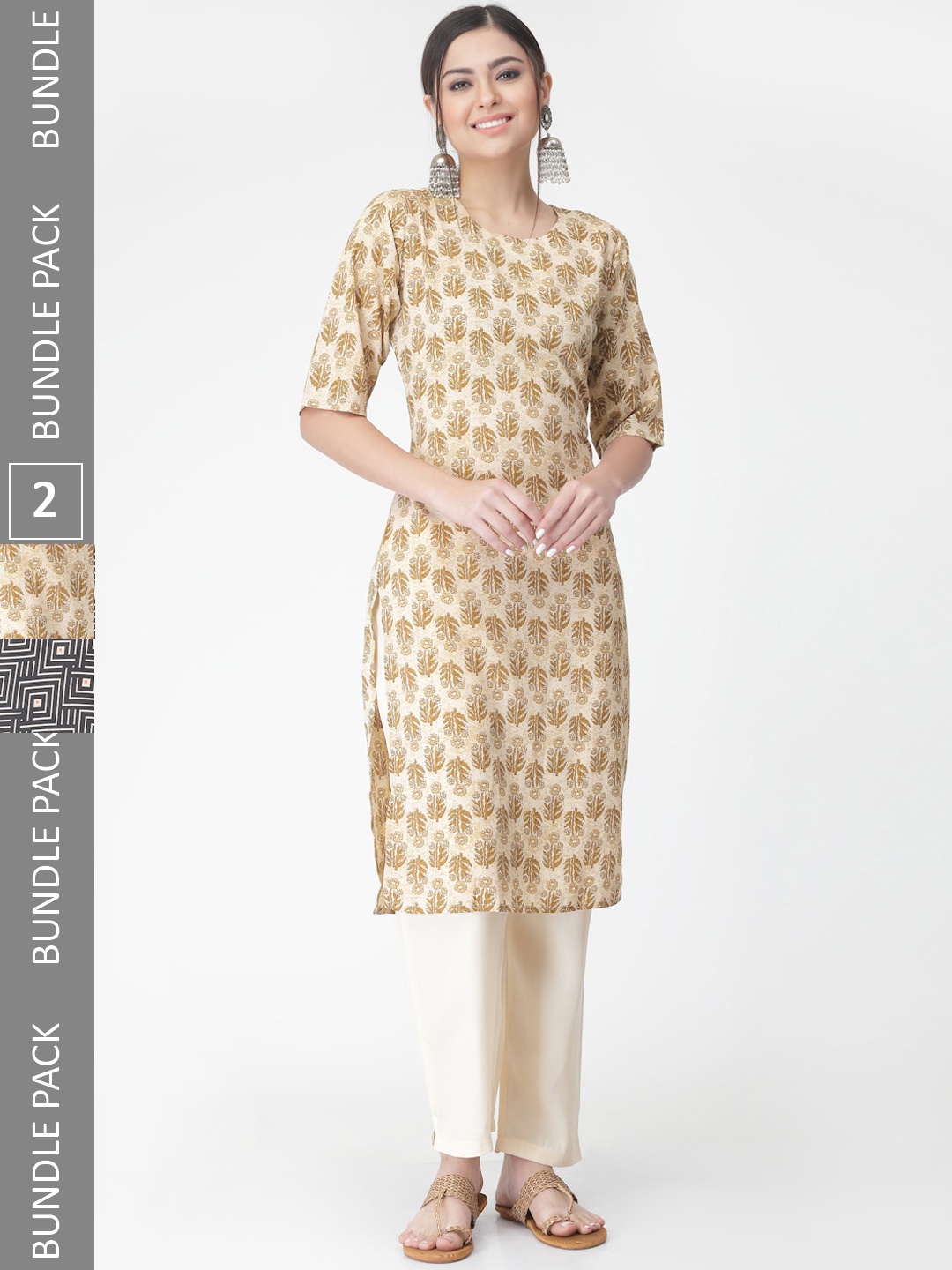 

7Threads Pack Of 2 Floral Printed Kurta With Trousers, Beige