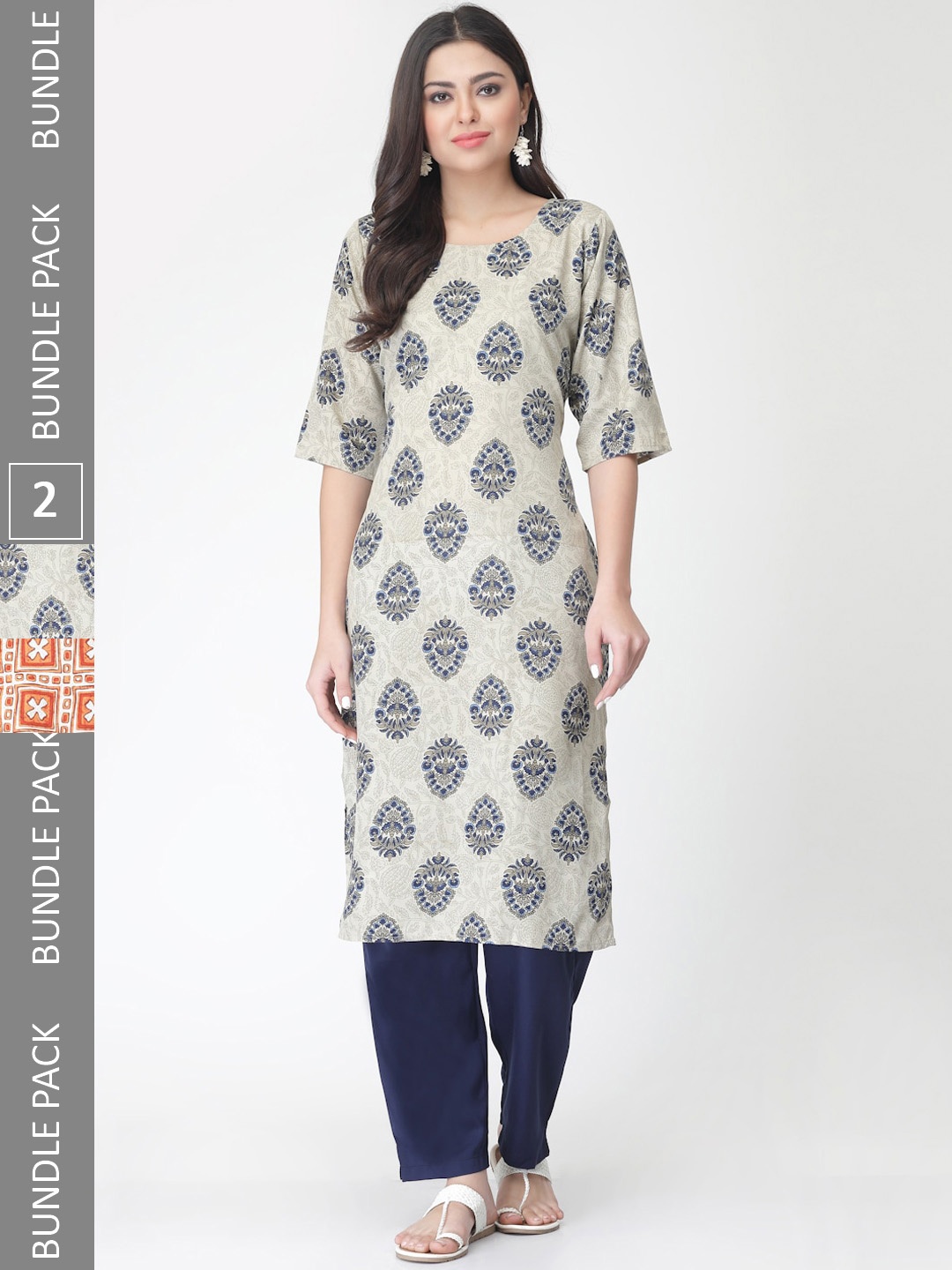 

7Threads Pack Of 2 Ethnic Motif Printed Kurta With Trousers, Navy blue