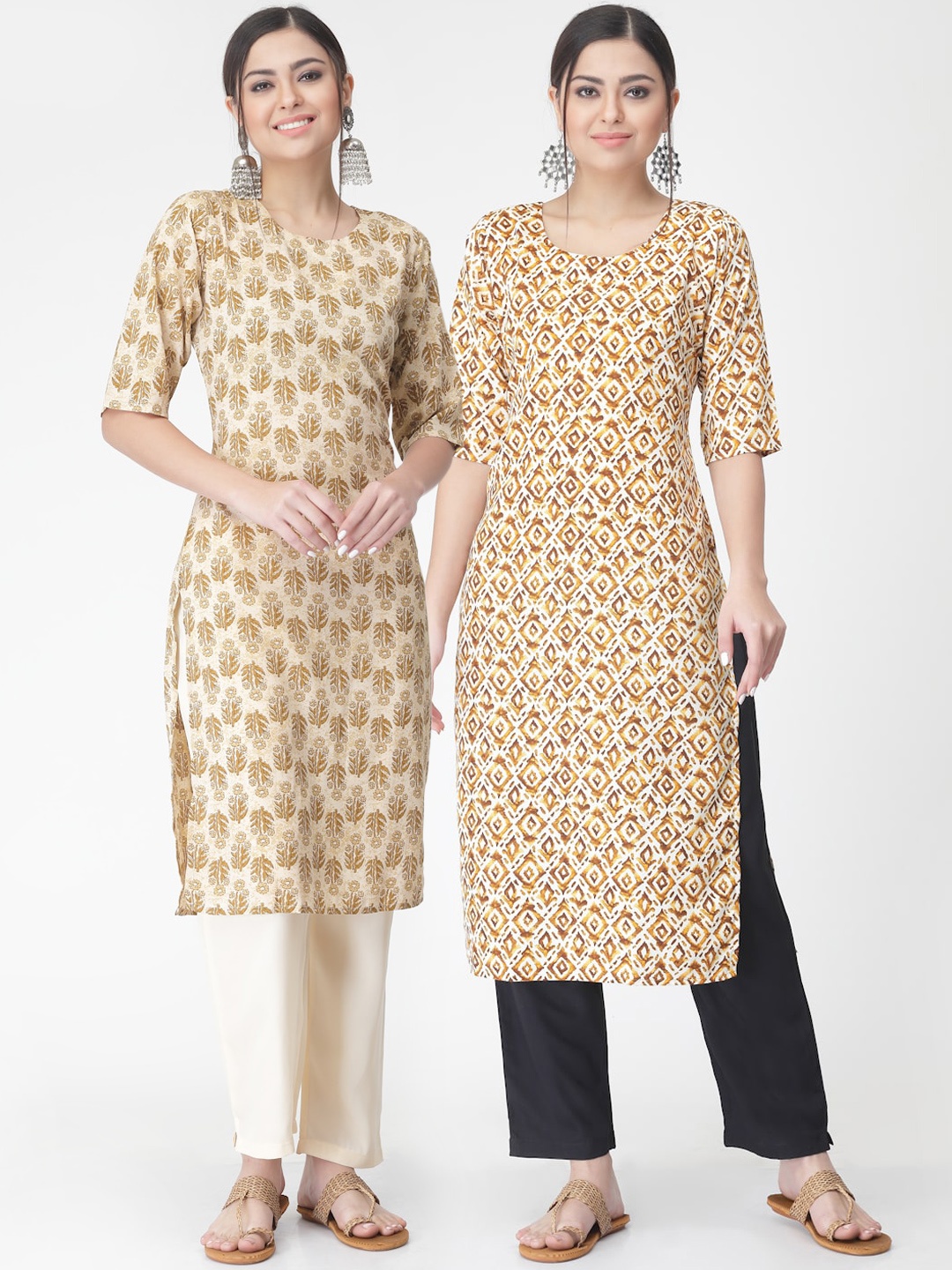 

7Threads Pack of 2 Floral Printed Regular Kurta with Trousers, Mustard