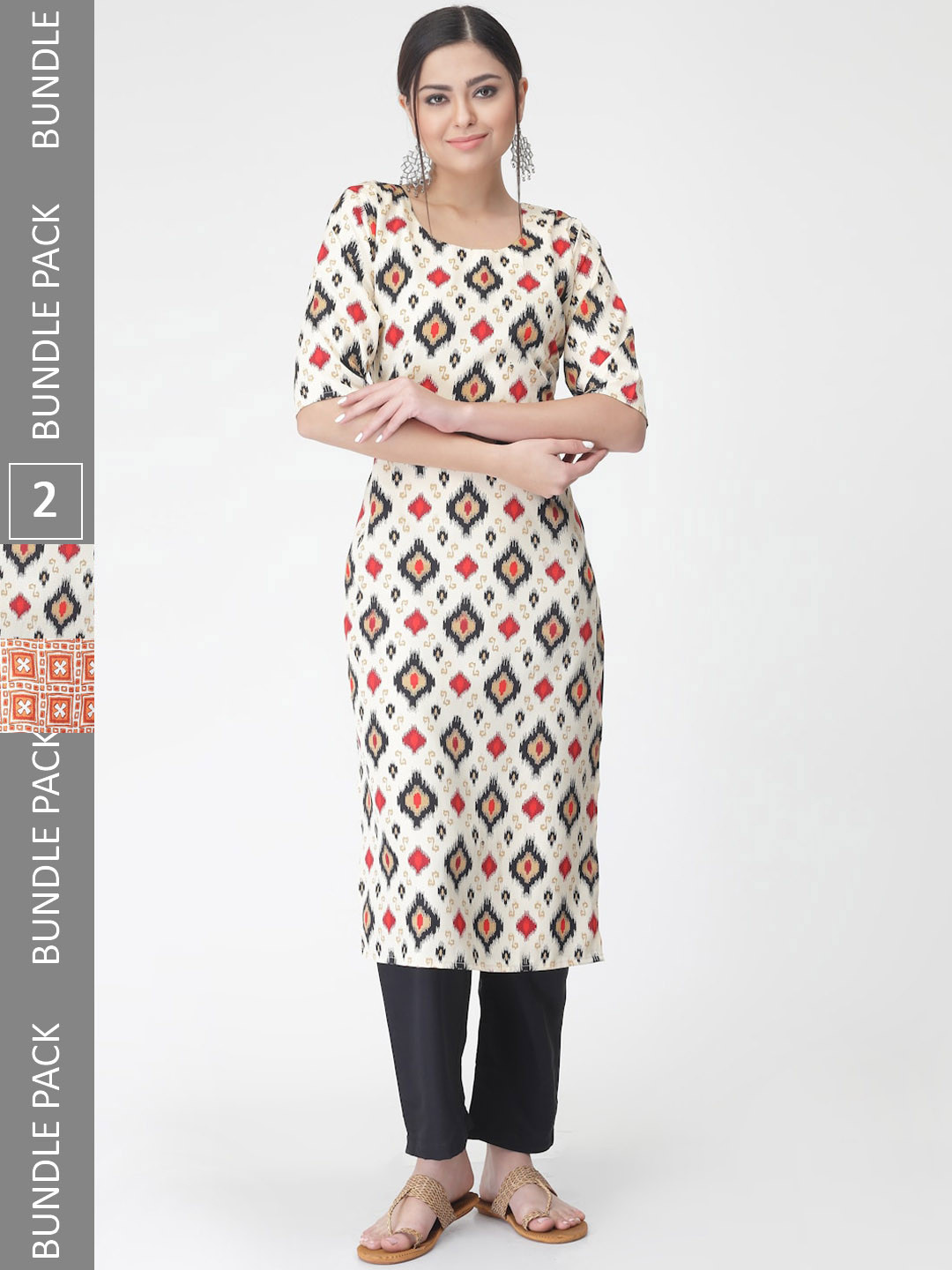 

7Threads Pack of 2 Ethnic Motifs Printed Regular Kurta with Trousers, Beige