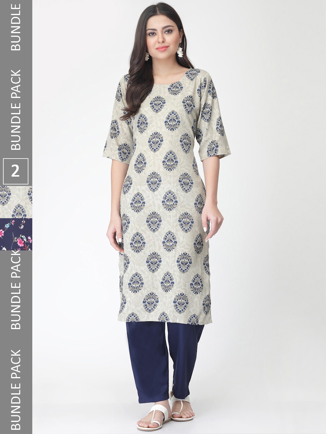 

7Threads A Selection of 2 Printed Regular Straight Kurta With Trousers, Navy blue