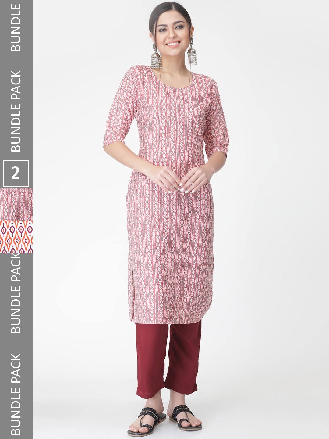 

7Threads Pack of 2 Ethnic Motifs Printed Regular Kurta with Trousers, Pink