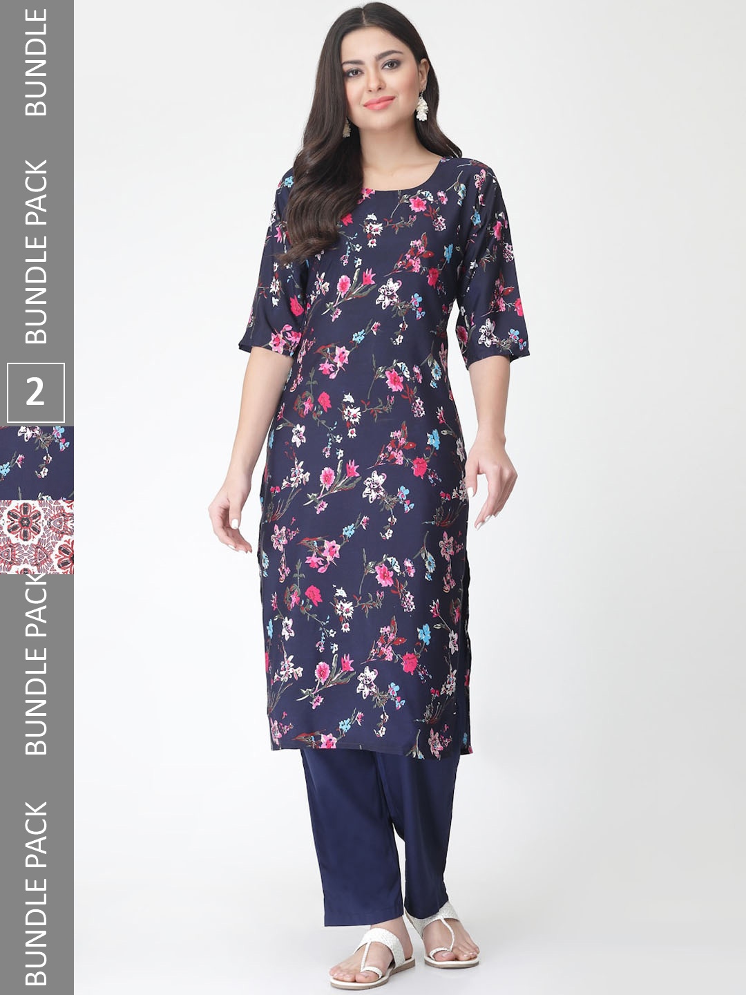 

7Threads Pack Of 2 Floral Printed Kurta With Trousers, Navy blue