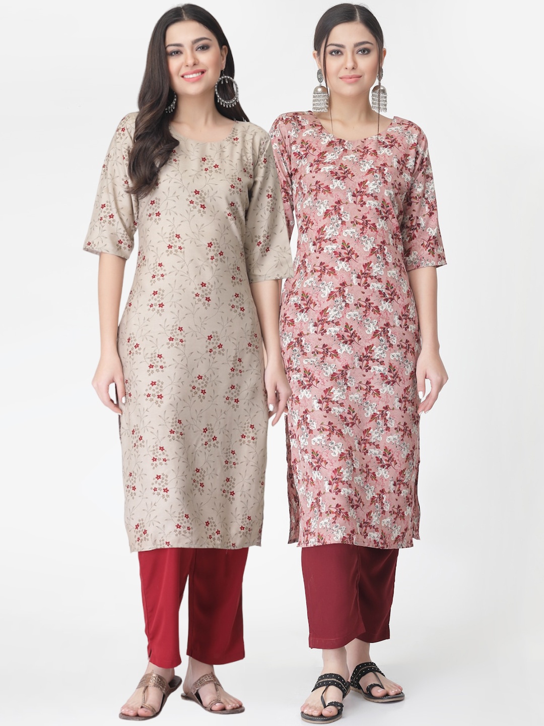 

7Threads Pack of 2 Floral Printed Regular Kurta with Trousers, Beige