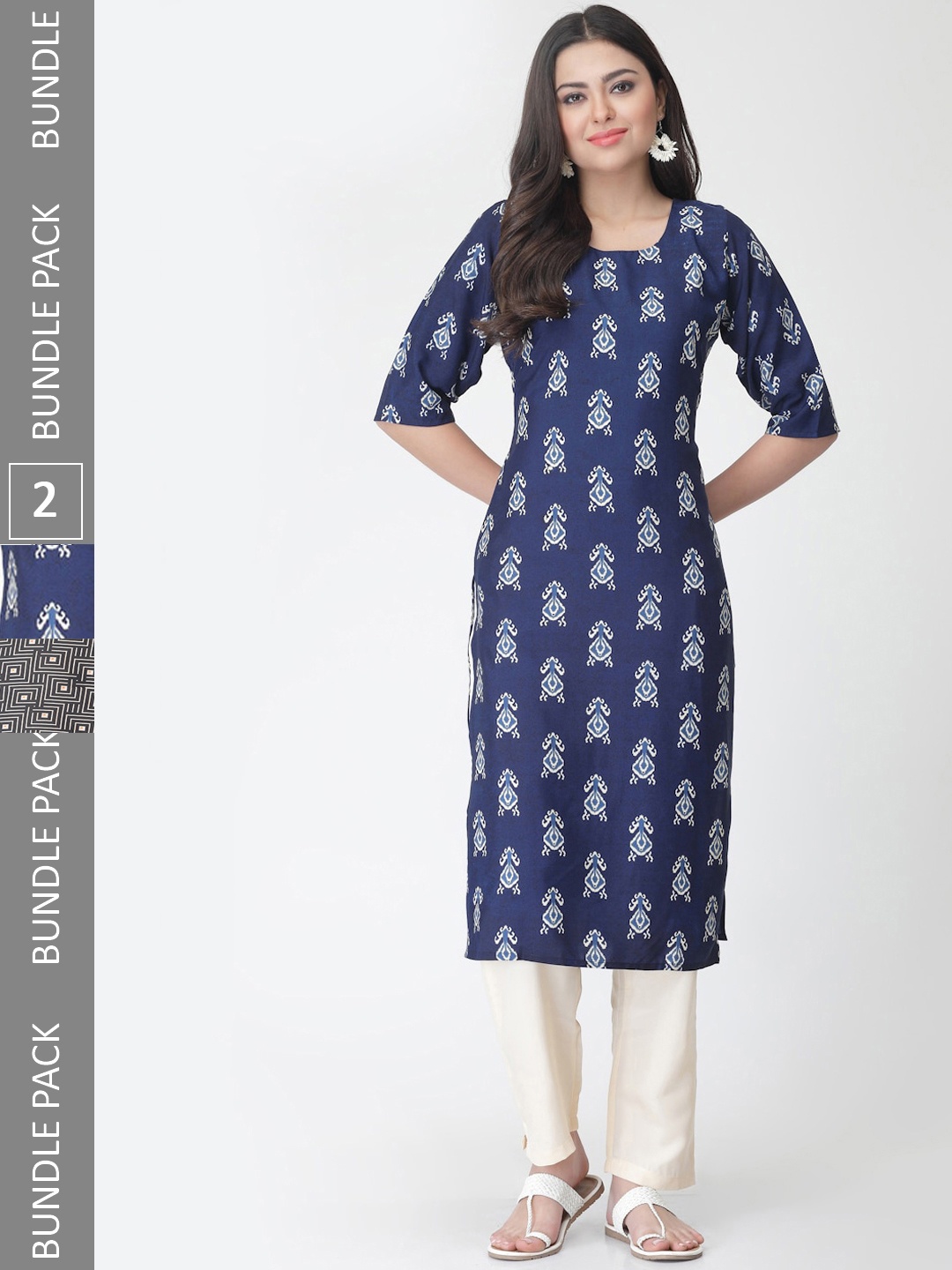 

7Threads Pack Of 2 Printed Straight Kurta with Trousers, Navy blue