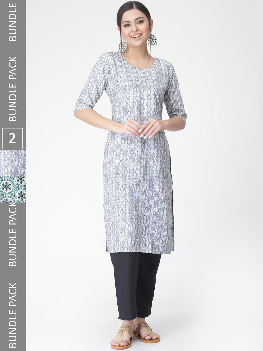 

7Threads A Selection of 2 Printed Regular Straight Kurta With Trousers, Blue