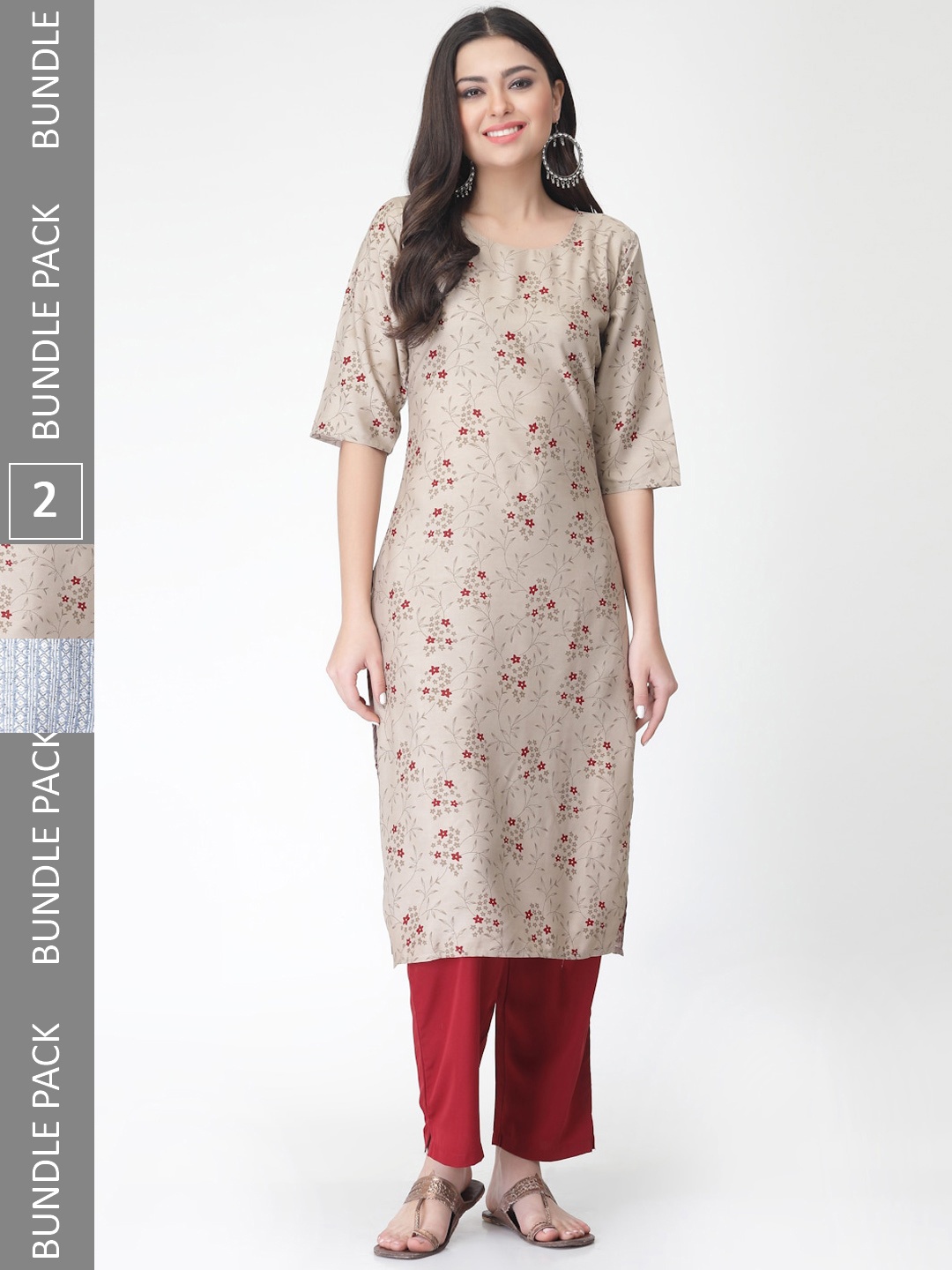

7Threads Pack of 2 Floral Printed Regular Kurta with Trousers, Beige