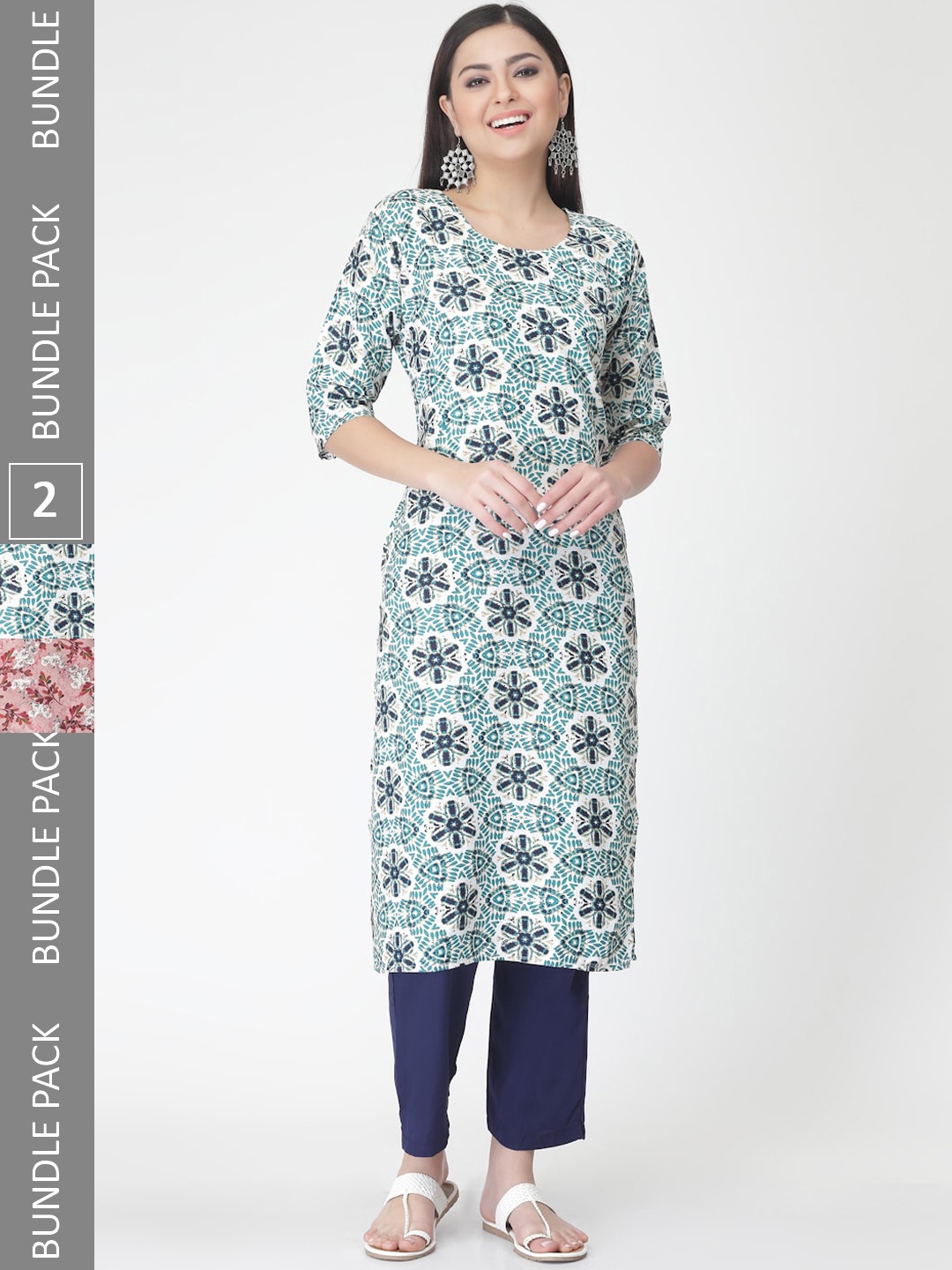 

7Threads A Selection of 2 Printed Regular Straight Kurta With Trousers, Green