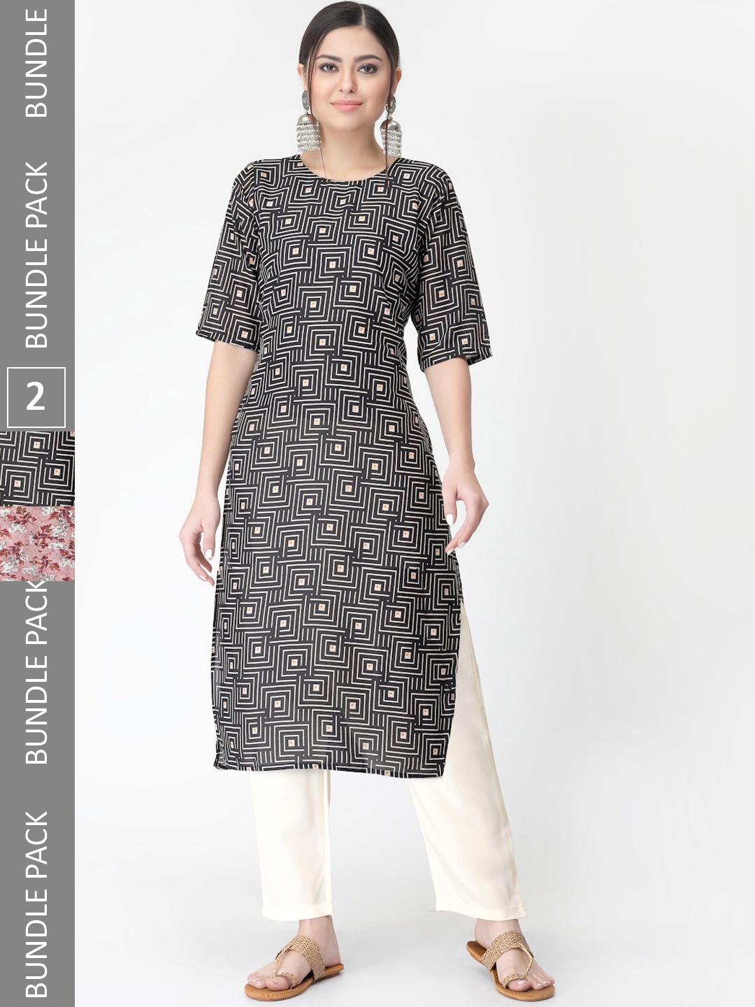 

7Threads A Selection of 2 Printed Regular Straight Kurta With Trousers, Black