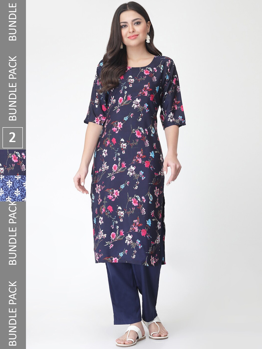 

7Threads Pack Of 2 Printed Straight Kurta with Trousers, Navy blue