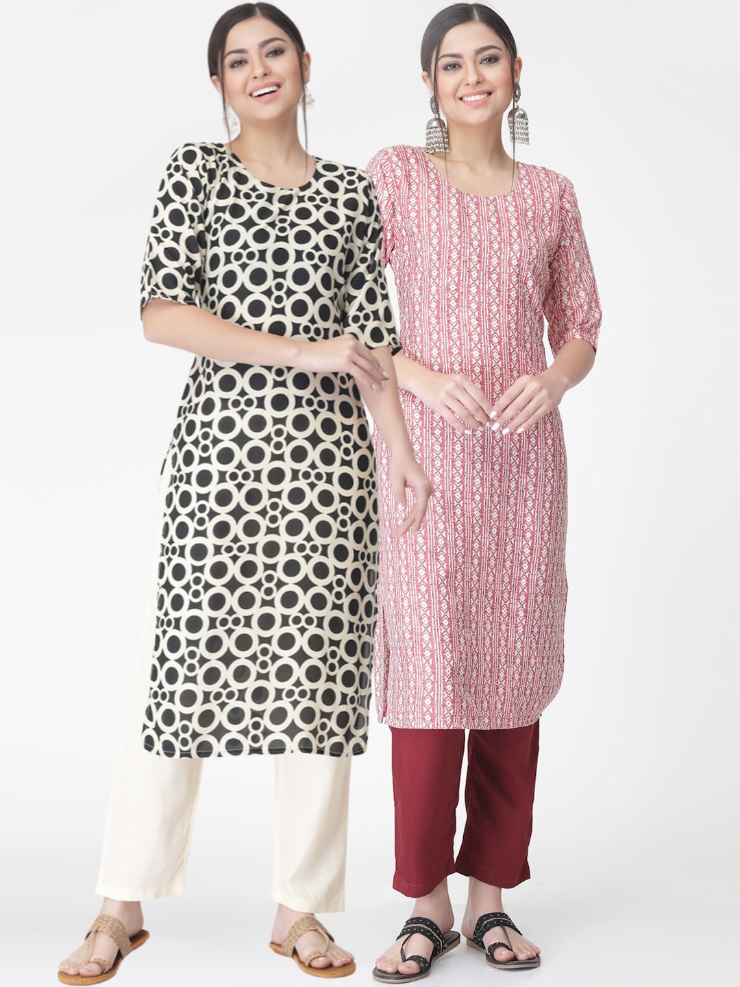 

7Threads Pack of 2 Geometric Printed Regular Kurta with Trousers, Black