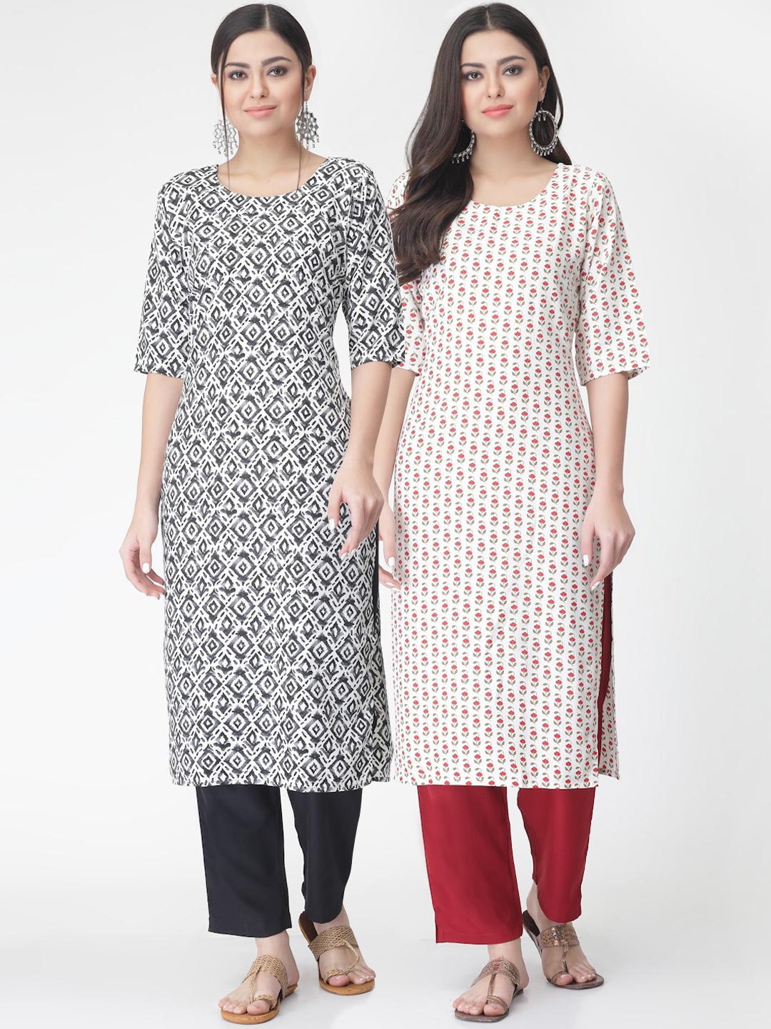 

7Threads Pack of 2 Floral Printed Regular Kurta with Trousers, Off white