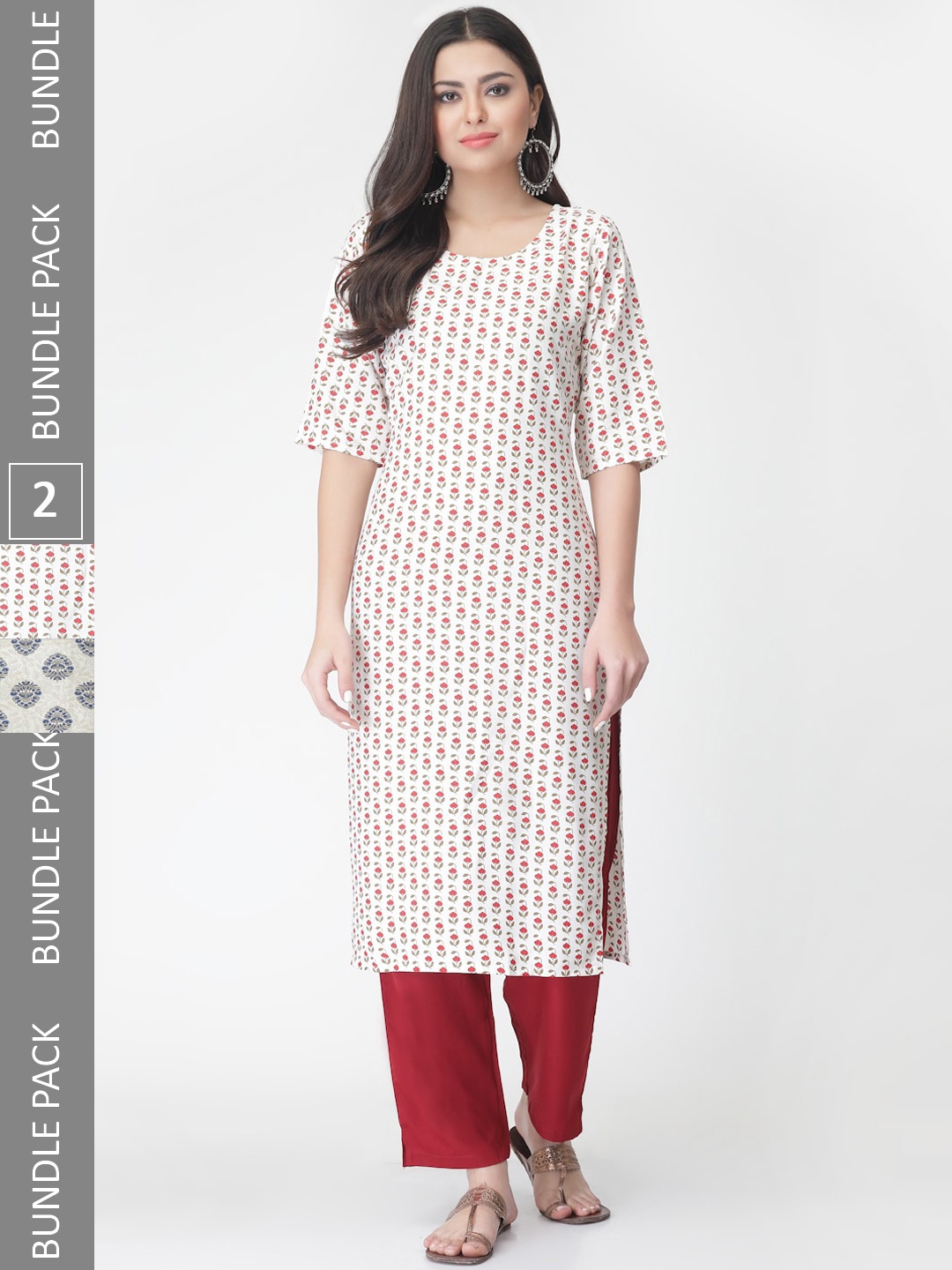 

7Threads Pack of 2 Floral Printed Regular Kurta with Trousers, White