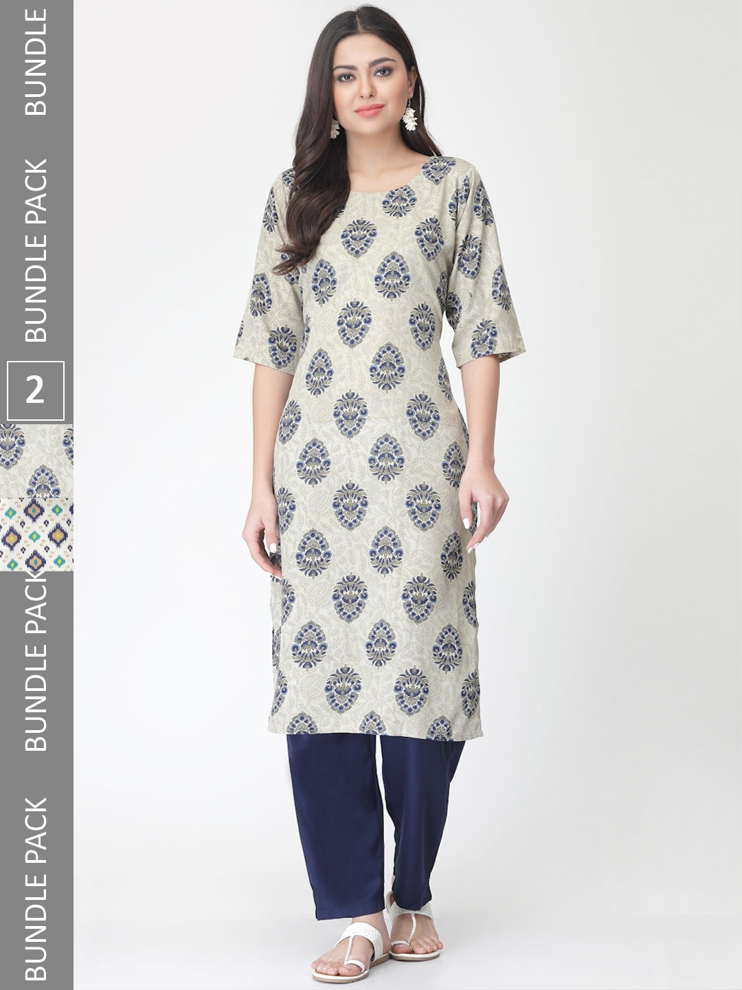 

7Threads Pack Of 2 Printed Straight Kurta with Trousers, Beige
