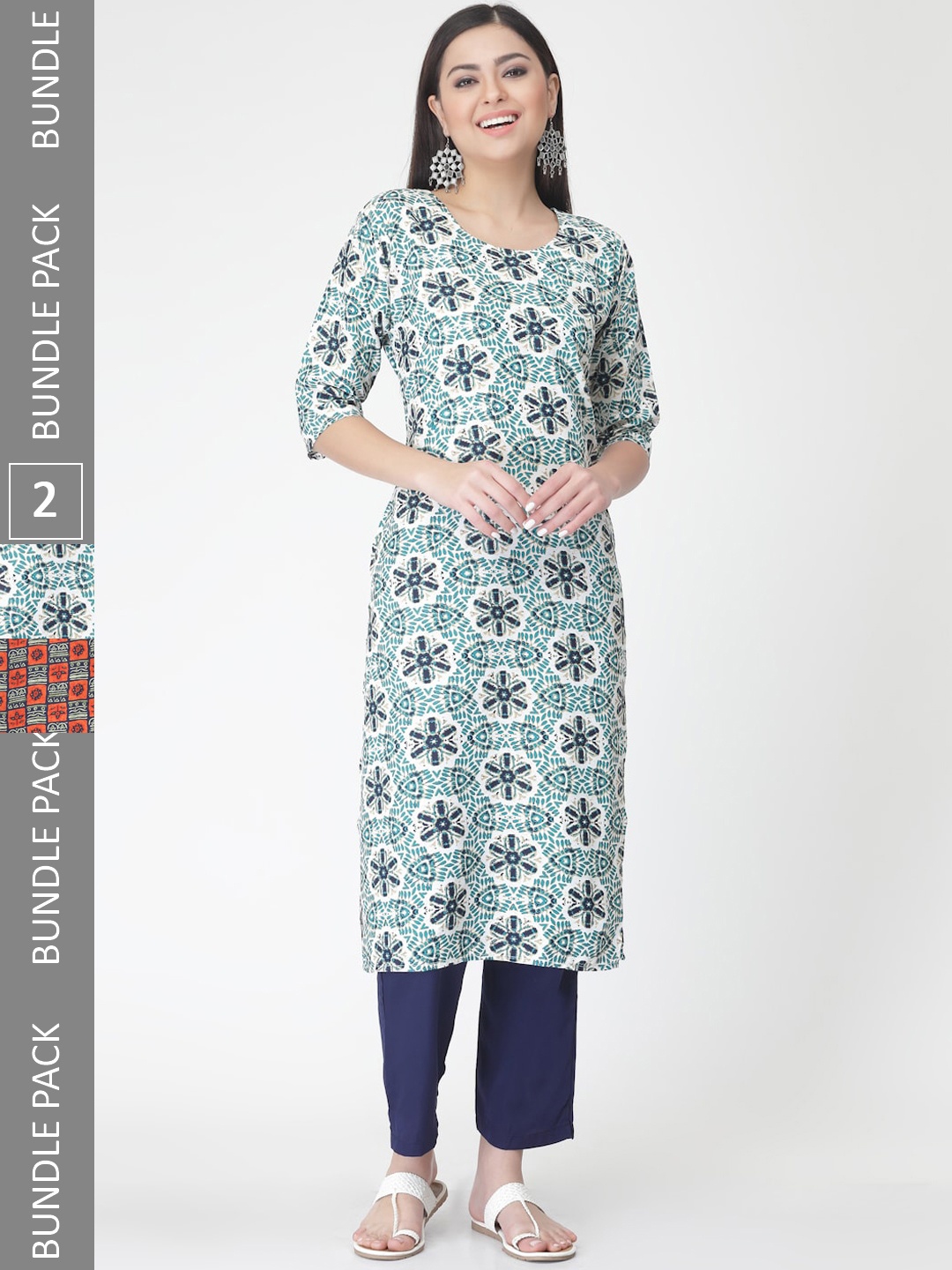 

7Threads Pack Of 2 Ethnic Motifs Printed Straight Kurta with Trousers, Blue