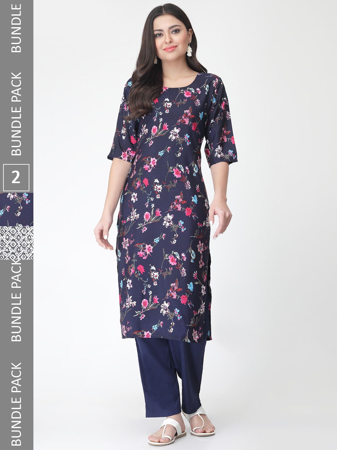 

7Threads A Selection of 2 Printed Regular Straight Kurta With Trousers, Navy blue