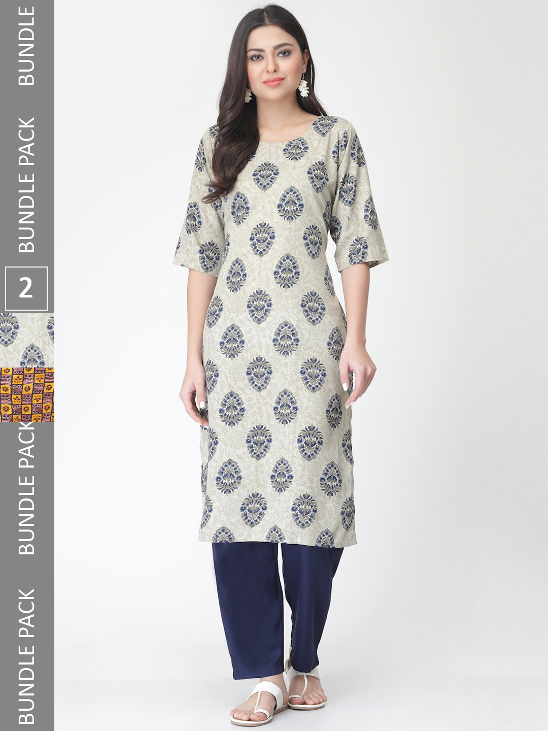 

7Threads A Selection of 2 Printed Regular Straight Kurta With Trousers, Yellow