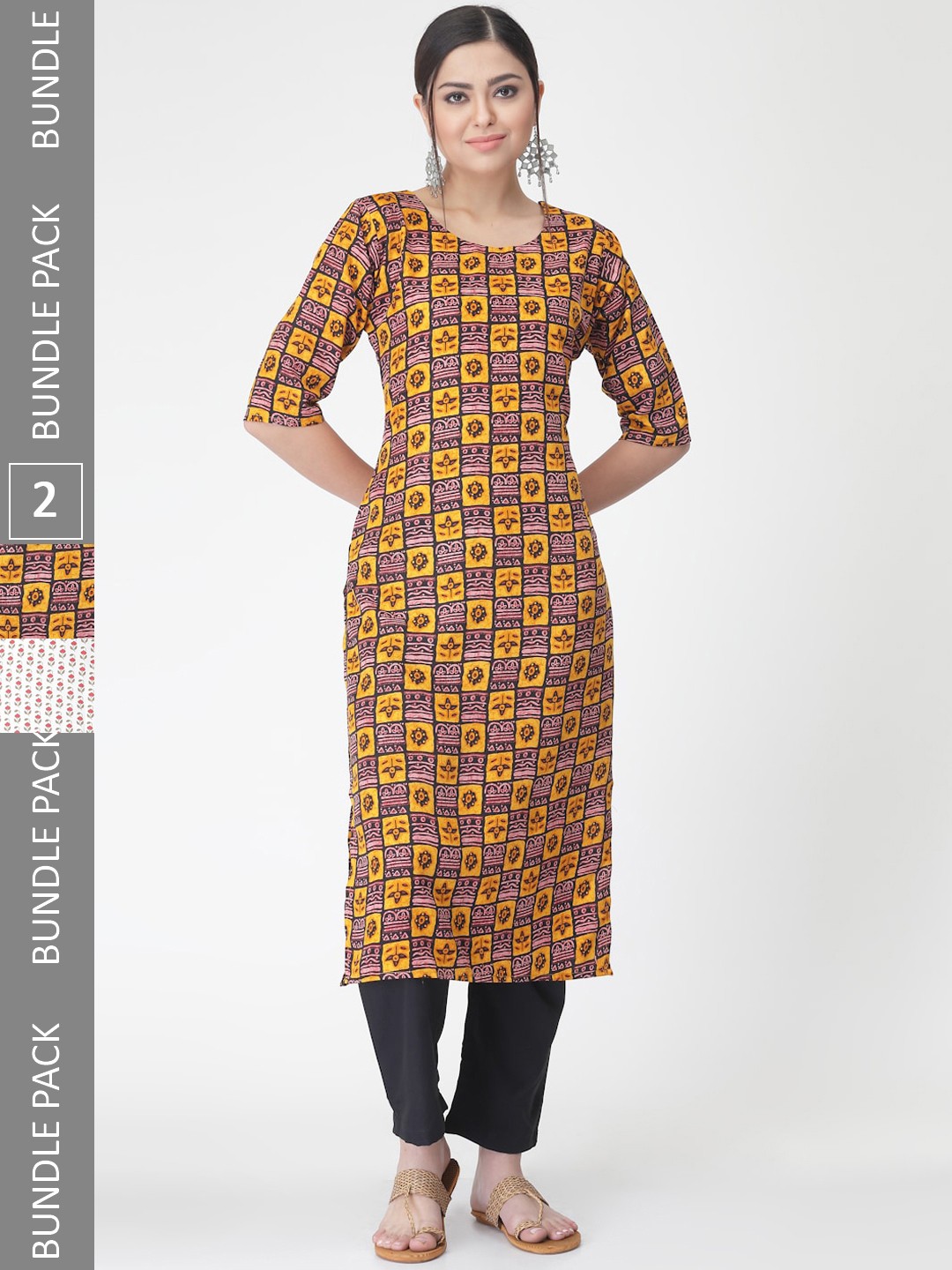 

7Threads A Selection of 2 Printed Regular Straight Kurta With Trousers, Yellow