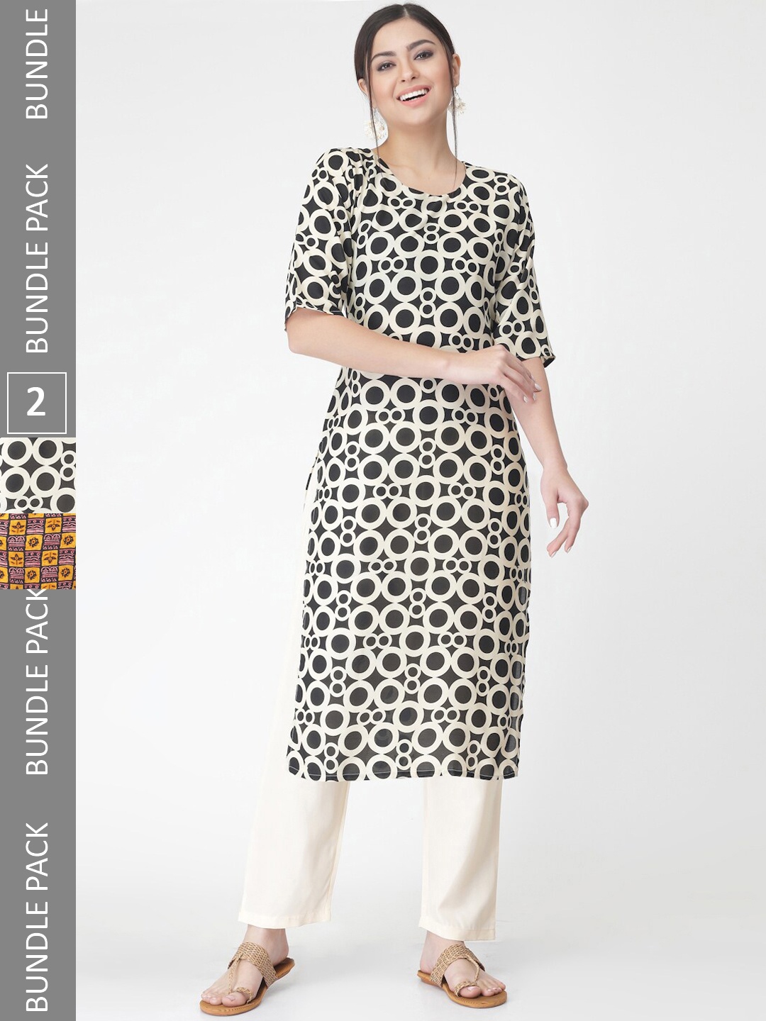 

7Threads A Selection of 2 Printed Regular Straight Kurta With Trousers, Black