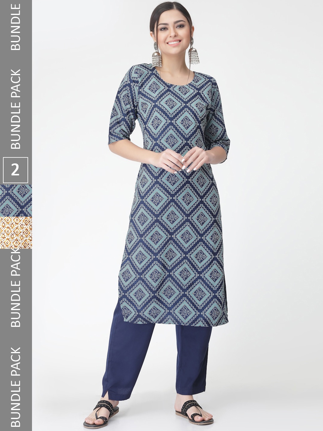

7Threads Pack Of 2 Ethnic Motif Printed Kurta With Trousers, Navy blue