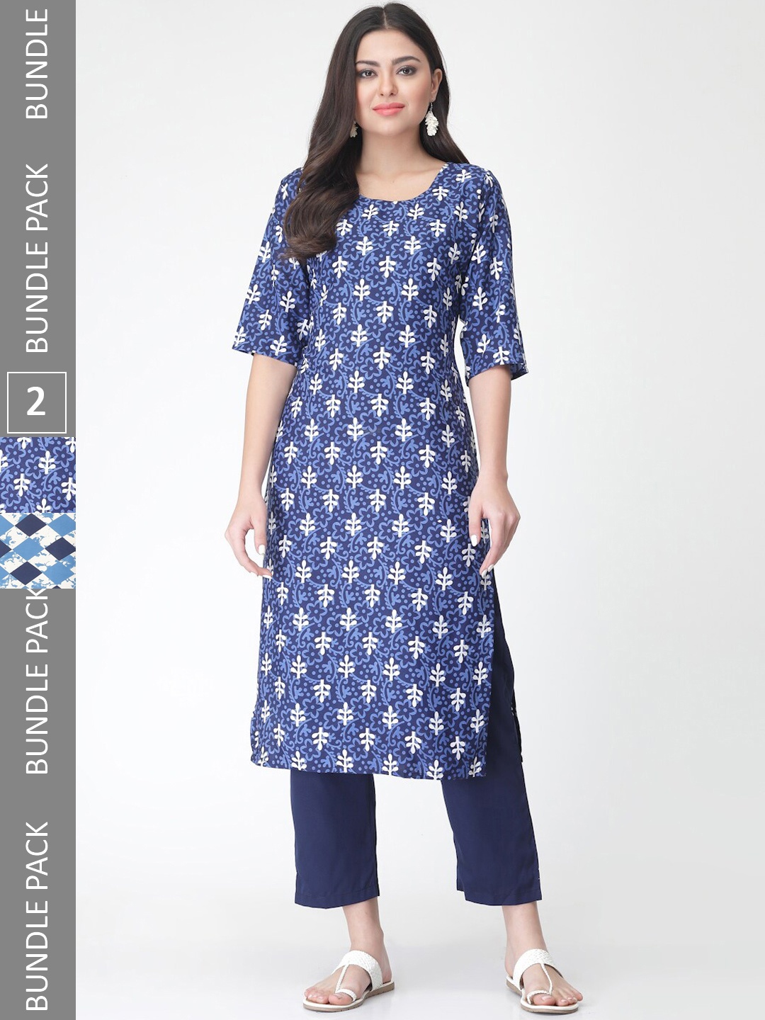 

7Threads A Selection of 2 Printed Regular Straight Kurta With Trousers, Blue
