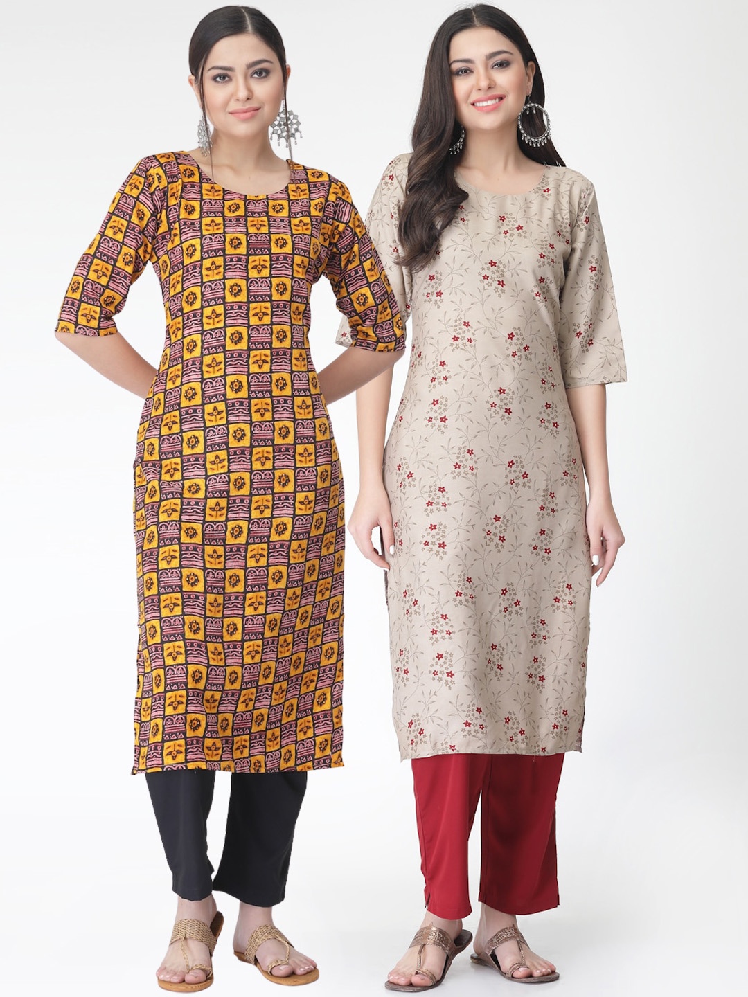 

7Threads Pack of 2 Floral Printed Regular Kurta with Trousers, Yellow