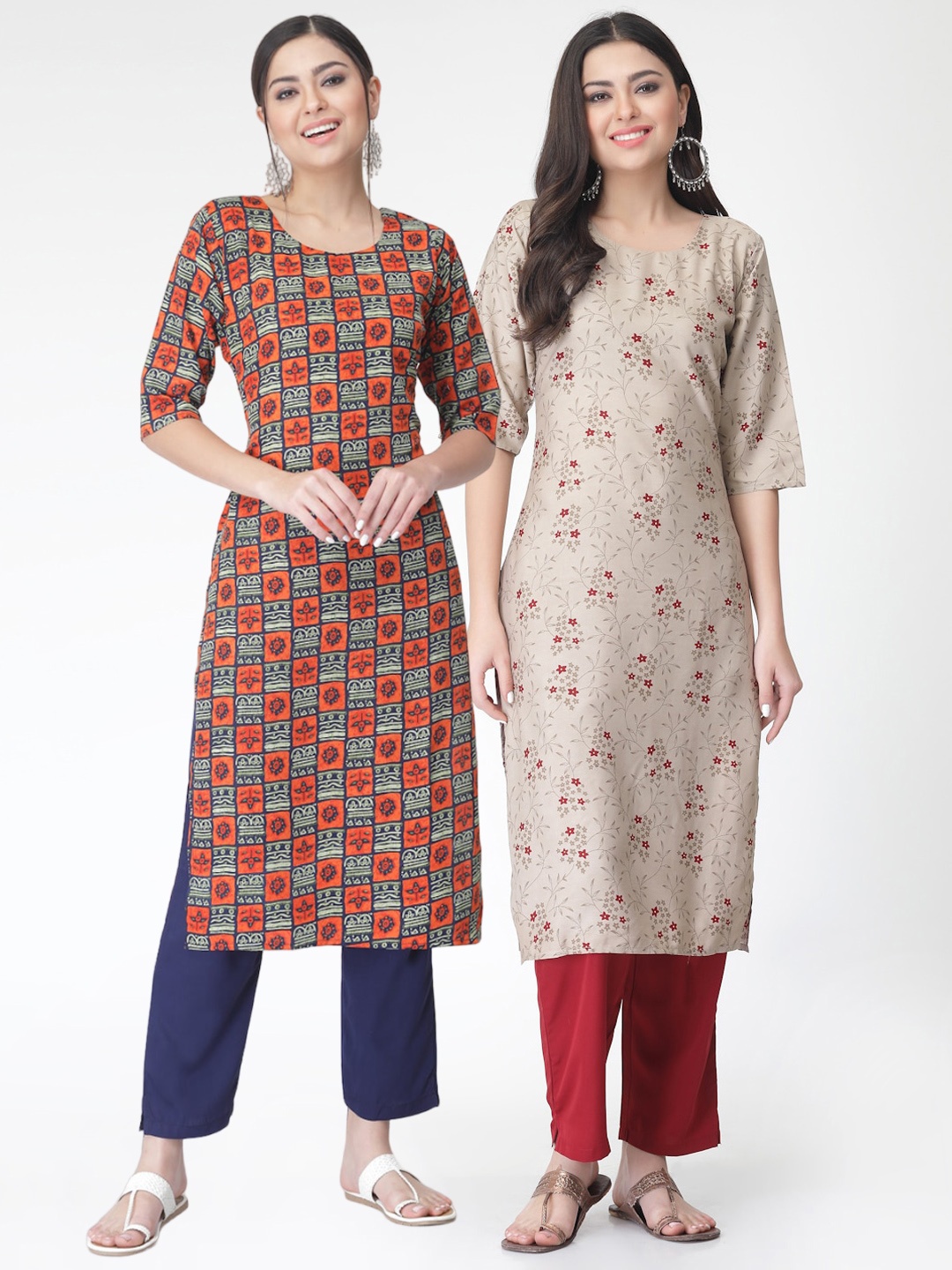 

KALINI Pack Of 2 Printed Straight Kurta with Trousers, Beige
