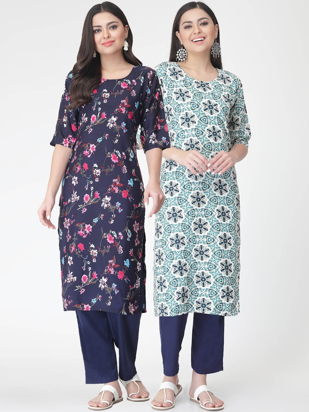 

7Threads Pack of 2 Floral Printed Regular Kurta with Trousers, Navy blue