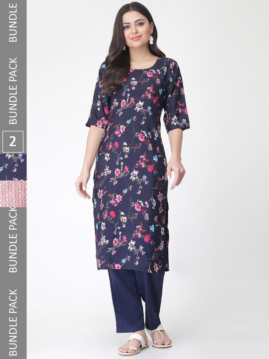 

7Threads A Selection Of 2 Floral Printed Regular Straight Kurta With Trousers, Blue
