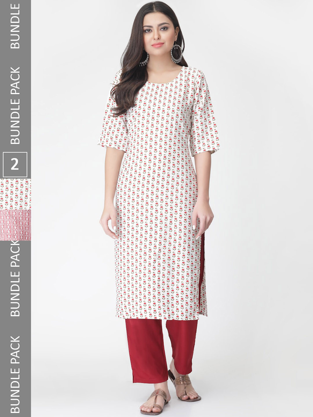 

7Threads A Selection Of 2 Floral Printed Regular Straight Kurta With Trousers, White