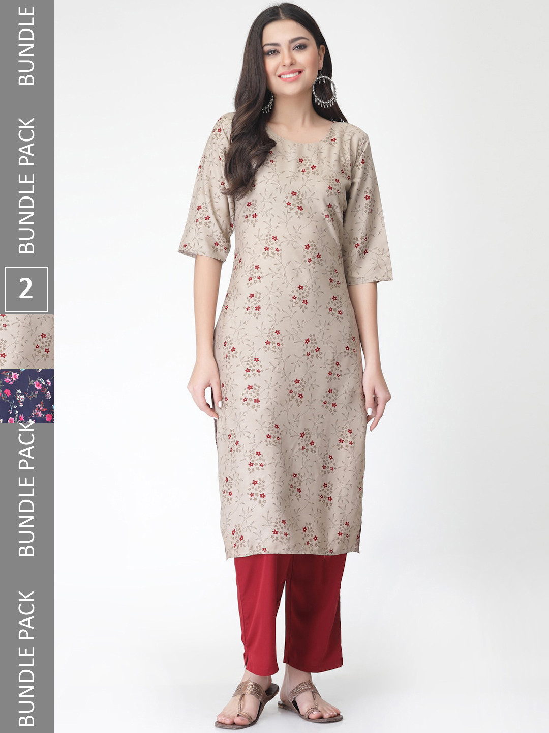 

7Threads A Selection Of 2 Floral Printed Regular Straight Kurta With Trousers, Navy blue