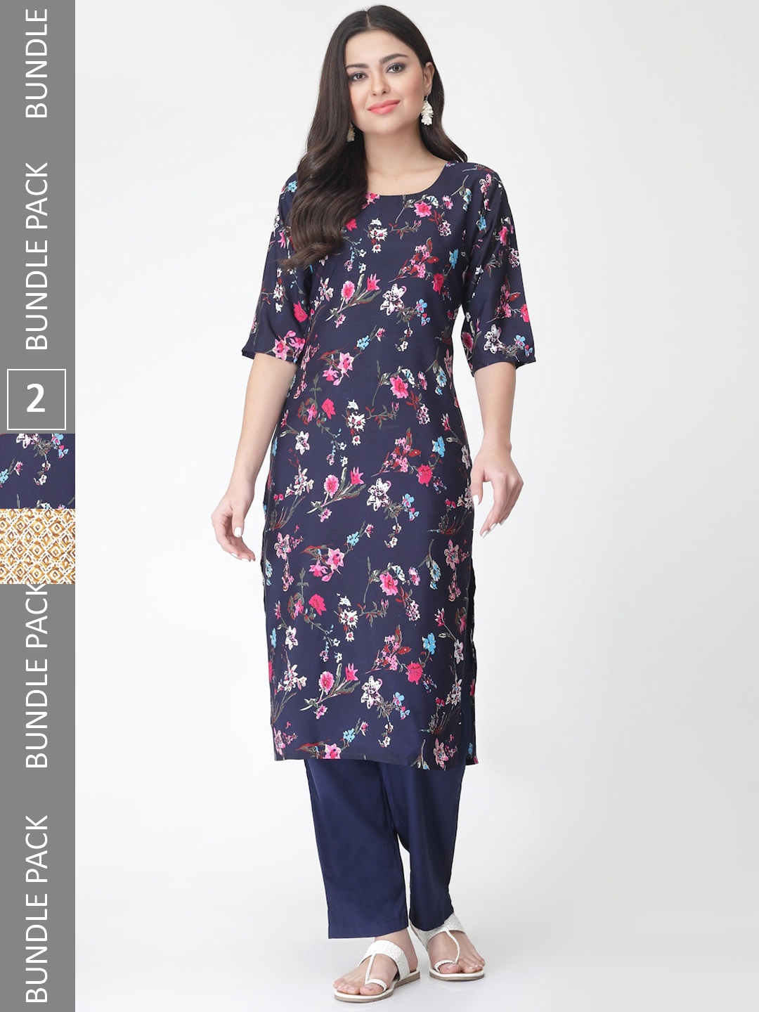 

7Threads Pack Of 2 Floral Printed Kurta With Trousers, Navy blue