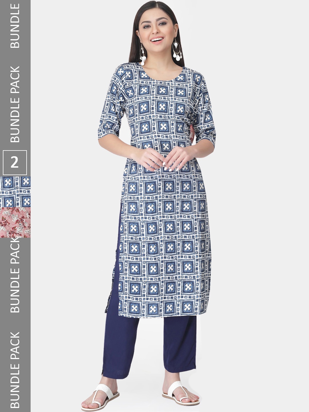 

7Threads A Selection Of 2 Floral Printed Regular Straight Kurta With Trousers, Blue