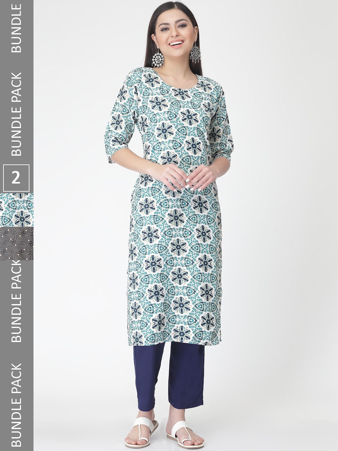 

7Threads Pack Of 2 Ethnic Motif Printed Kurta With Trousers, Turquoise blue