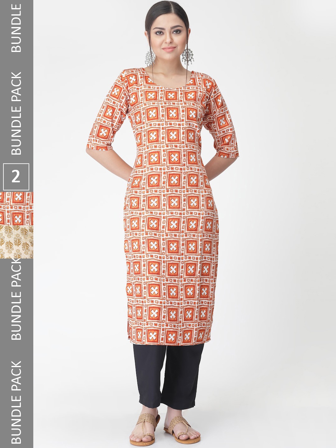 

7Threads Pack Of 2 Ethnic Motif Printed Kurta With Trousers, Orange