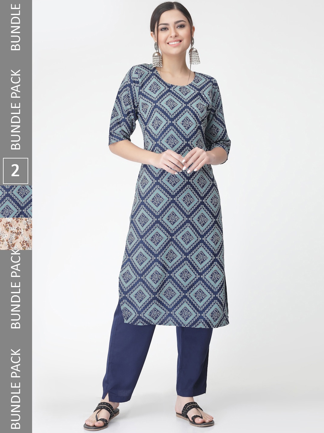 

7Threads A Selection Of 2 Floral Printed Regular Straight Kurta With Trousers, Blue