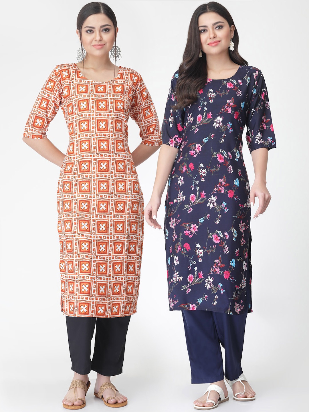 

7Threads Pack of 2 Floral Printed Regular Kurta with Trousers, Navy blue
