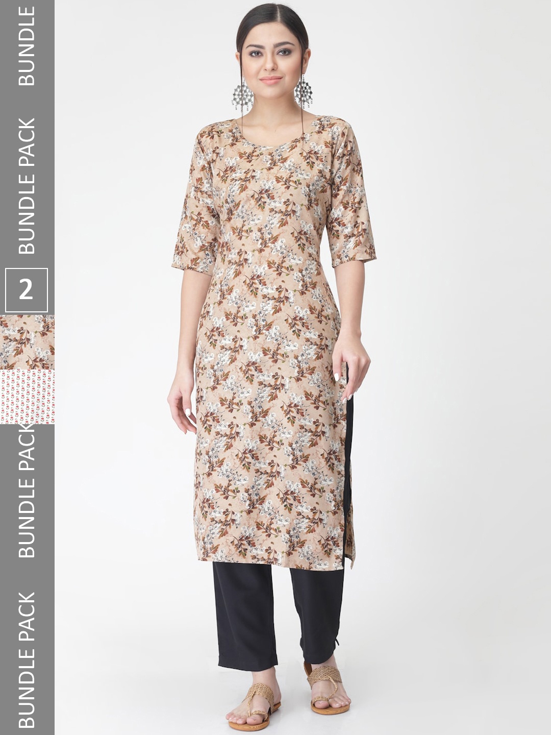 

7Threads A Selection Of 2 Floral Printed Regular Straight Kurta With Trousers, Beige