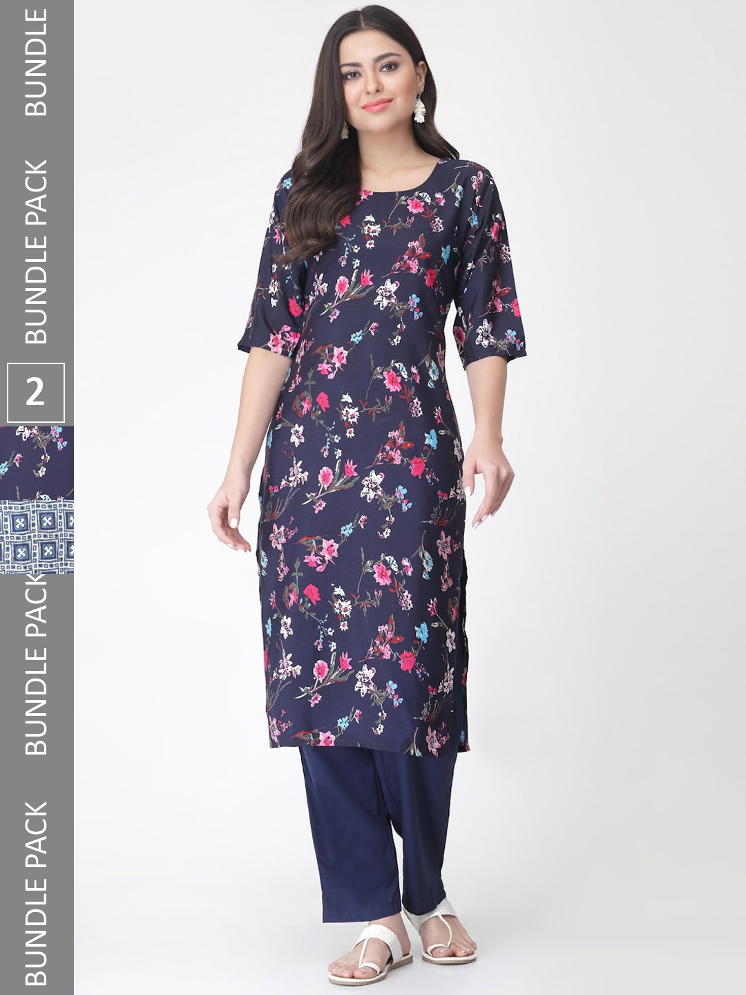 

7Threads A Selection Of 2 Floral Printed Regular Straight Kurta With Trousers, Blue